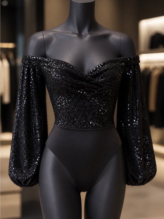 Windsor Tops - Windsor Black Sequin Off-Shoulder Puff Sleeve Bodysuit